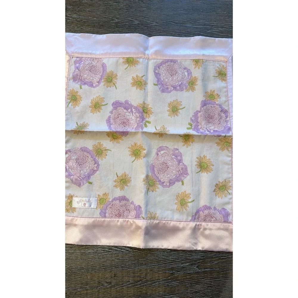 Baby Lulu LA Pink White Floral Security Blanket with satin edge 18